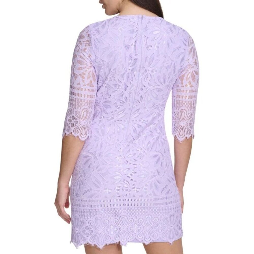 Kensie Womens 8 Lavender Corded Lace Shift Dress‎ Jewel Neck Eyelash Trim - Picture 2 of 12